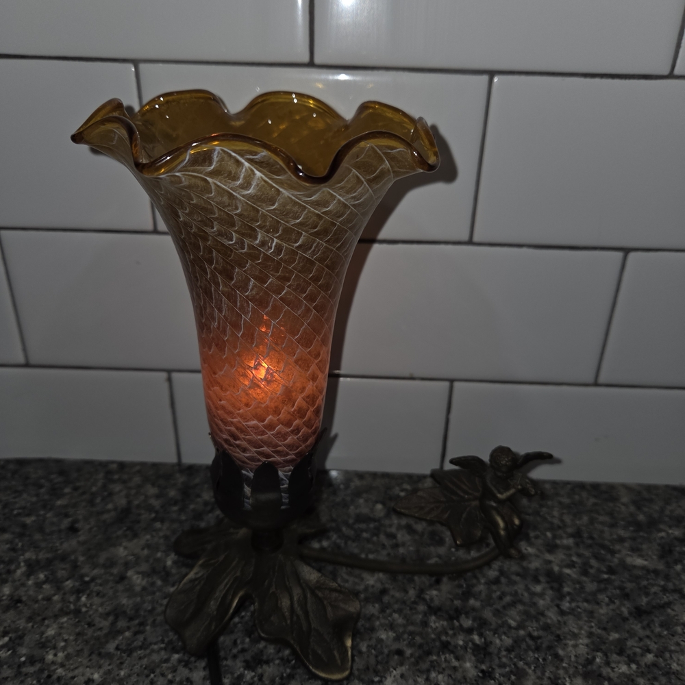 Amber Glass Tulip Table Lamp with Bronze Leaf Base - Picture 5 of 7